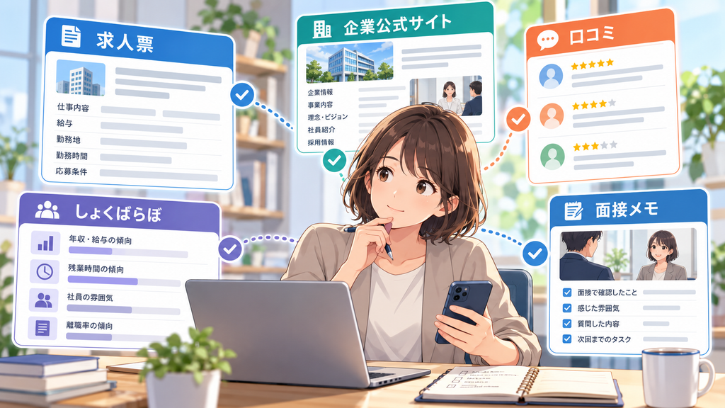 求人票・企業公式サイト・口コミ・しょくばらぼ・面接メモを比較して転職先の情報を確認する女性