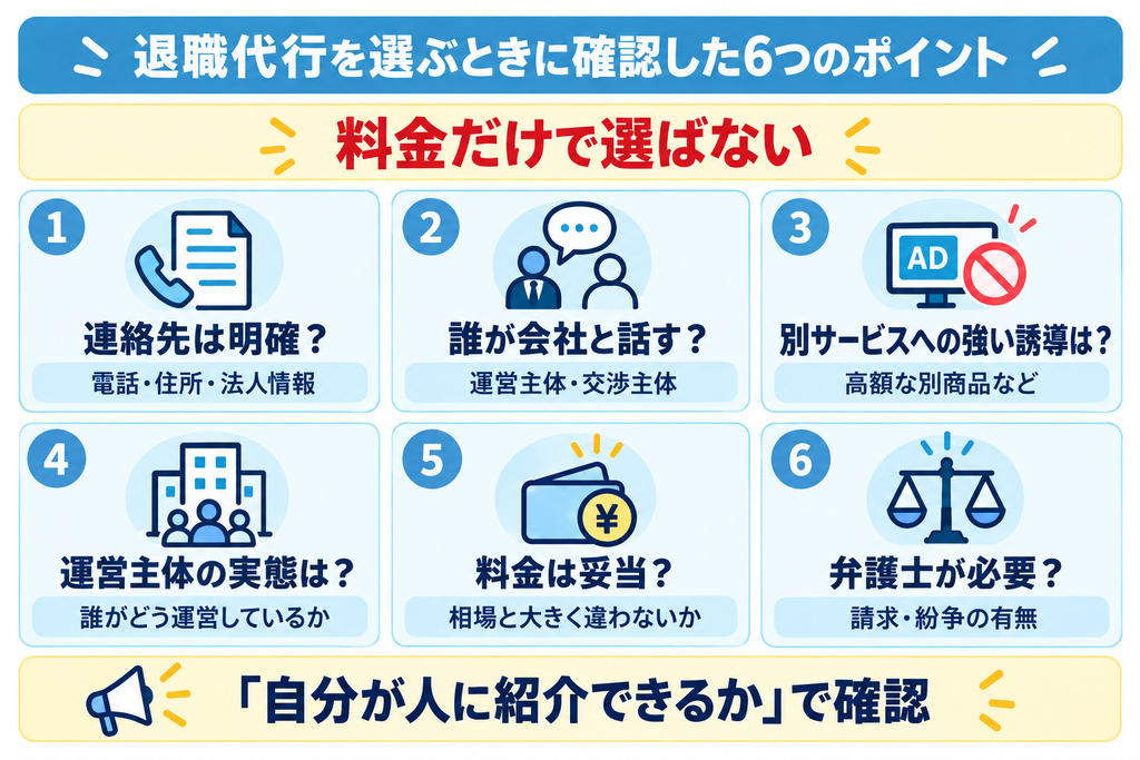 退職代行を選ぶときに確認した6つのポイント。連絡先、運営主体、別サービスへの誘導、料金、弁護士の必要性などを整理