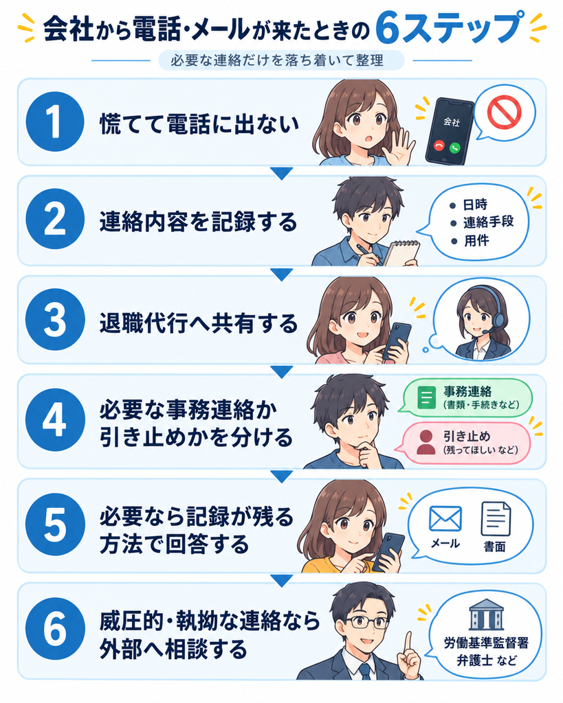 退職代行利用後に会社から電話やメールが来たときの6ステップ対処法を示した図解。記録、退職代行への共有、事務連絡と引き止めの切り分け、必要な回答、外部相談までを順に紹介