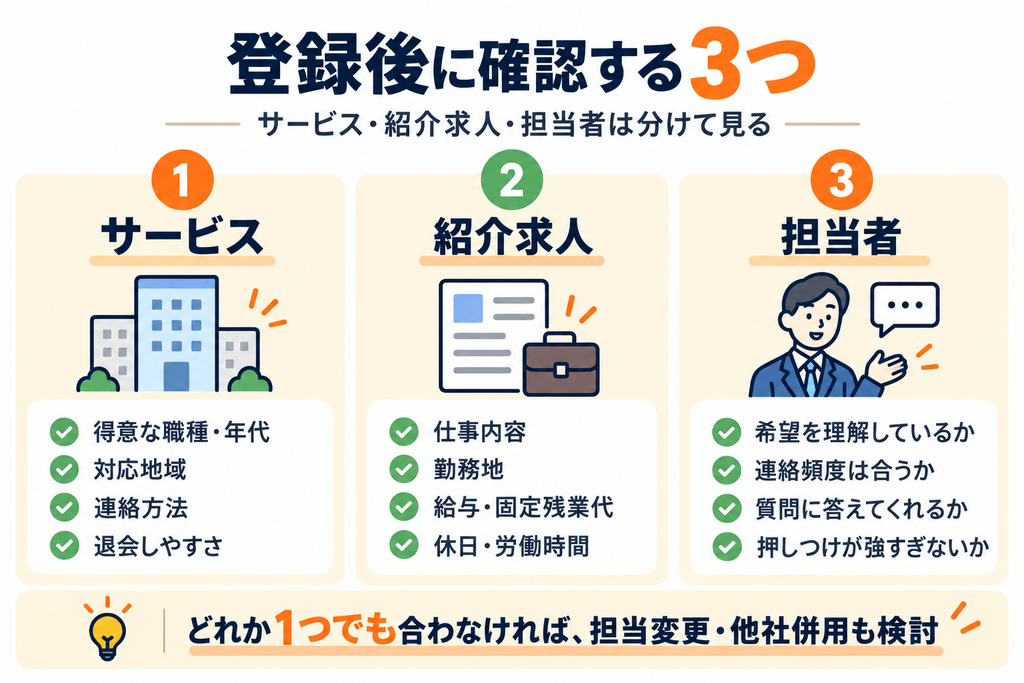 転職エージェント登録後に確認したい3つのポイントを整理した図。サービス全体、紹介求人、担当者を分けて確認する考え方をまとめている。