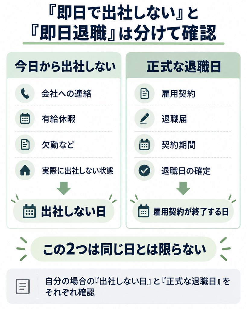 退職代行利用時の出社しなくなる日と正式な退職日は同じとは限らないことを示す図