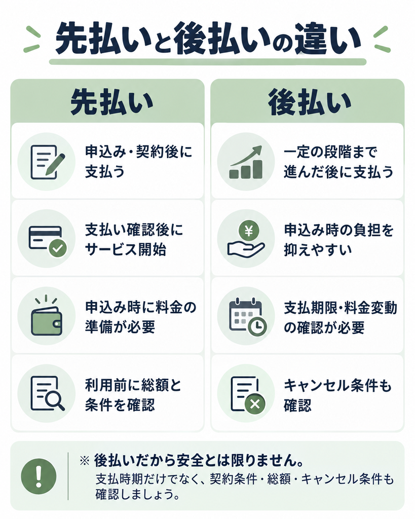 退職代行の先払いと後払いの違いを、支払うタイミングや確認点で比較した図