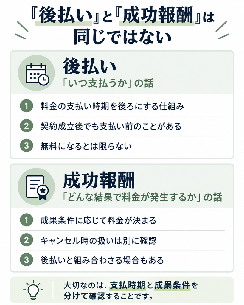 退職代行の後払いは支払時期、成功報酬は成果条件を意味し、同じではないことを示す図