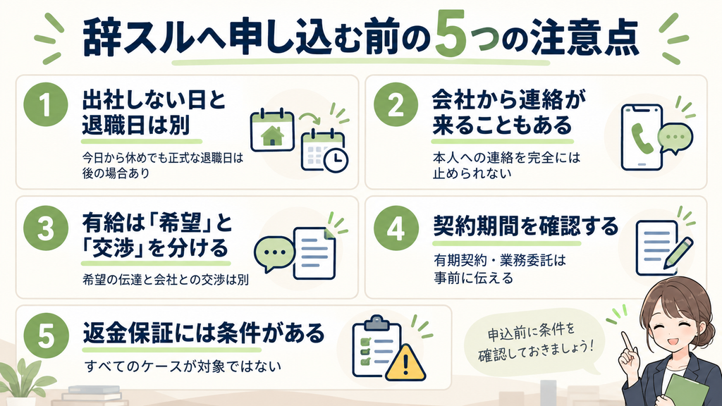 退職代行辞スルへ申し込む前に確認したい、退職日、会社からの連絡、有給、契約期間、返金保証の5つの注意点