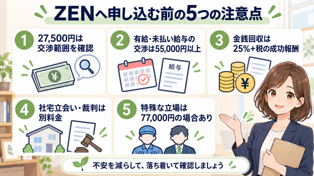 弁護士法人ZENへ申し込む前に確認したい、27,500円プランの交渉範囲、55,000円以上の交渉対応、金銭回収の成功報酬、社宅立会い・裁判の別料金、77,000円プランの5つの注意点