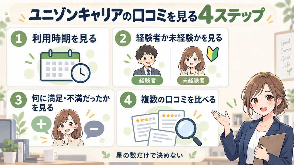 ユニゾンキャリアの口コミを見るときに確認したい、利用時期、経験者・未経験の違い、満足・不満の内容、複数口コミ比較の4ステップ