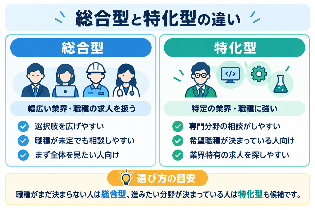 転職エージェントの総合型と特化型の違いを比較。総合型は幅広い職種、特化型は専門分野の求人探しに向いていることを説明した図解
